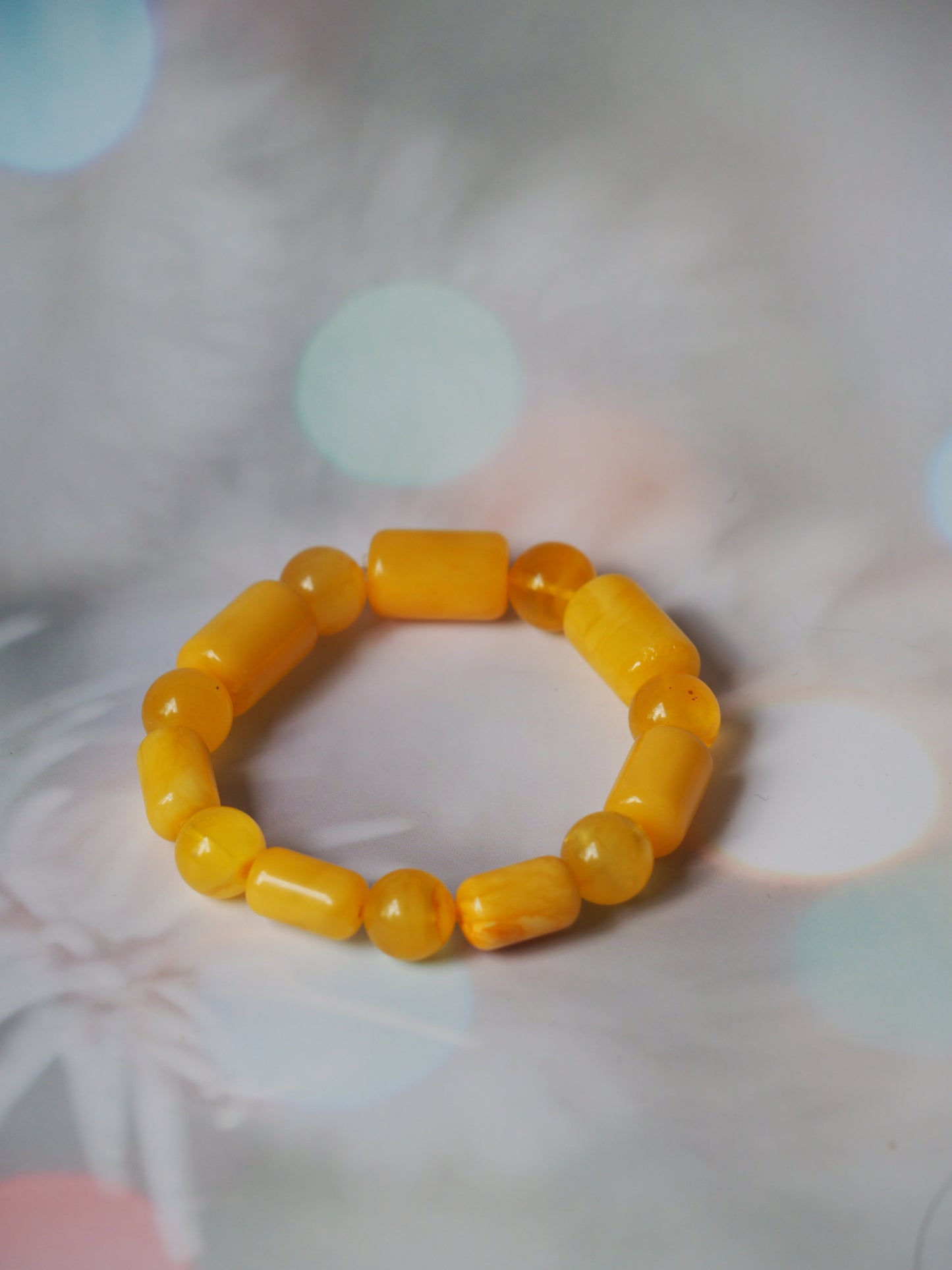 Natural Butterscotch Amber Cylinder and Round Beaded Bracelet