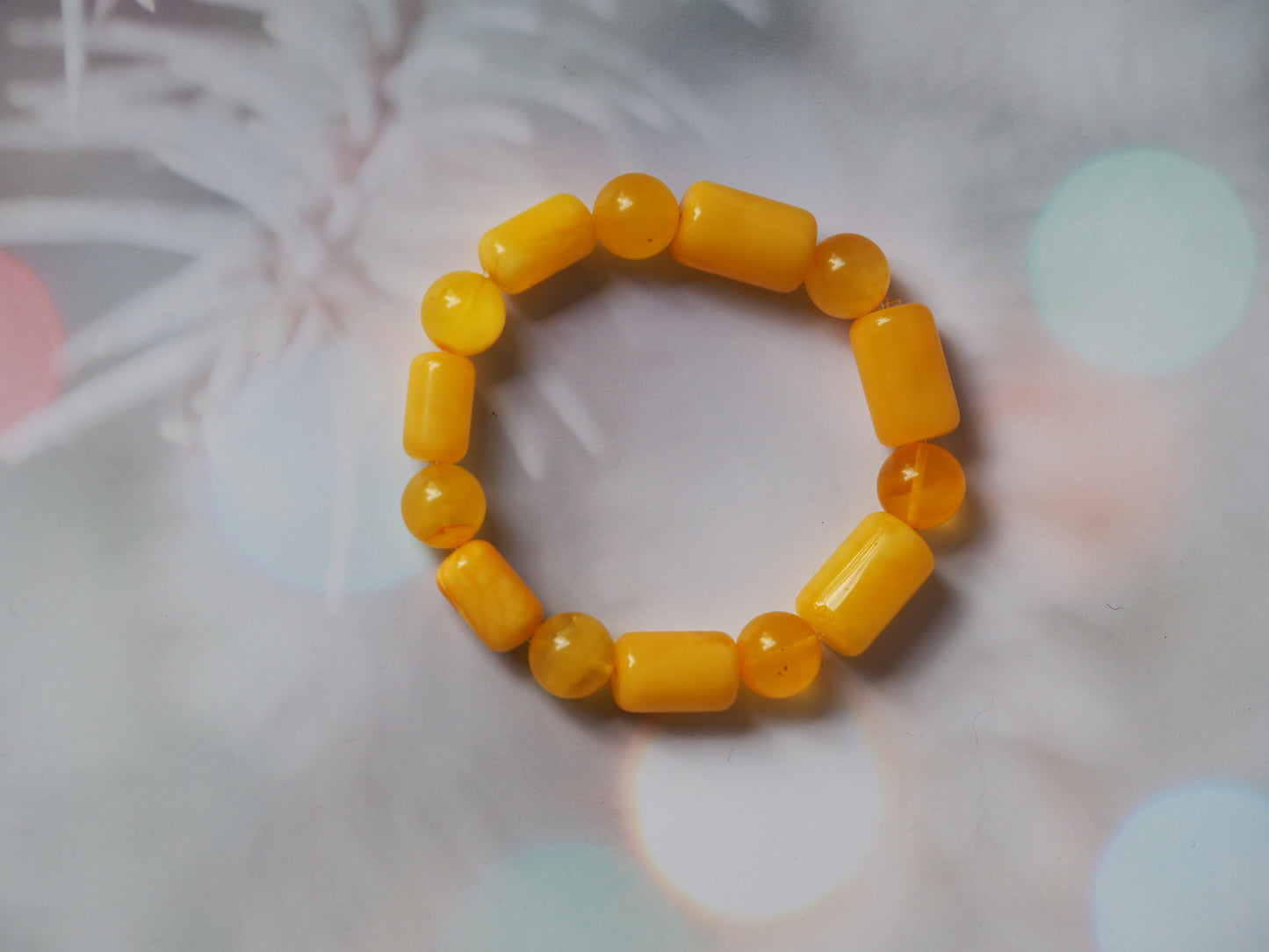 Natural Butterscotch Amber Cylinder and Round Beaded Bracelet