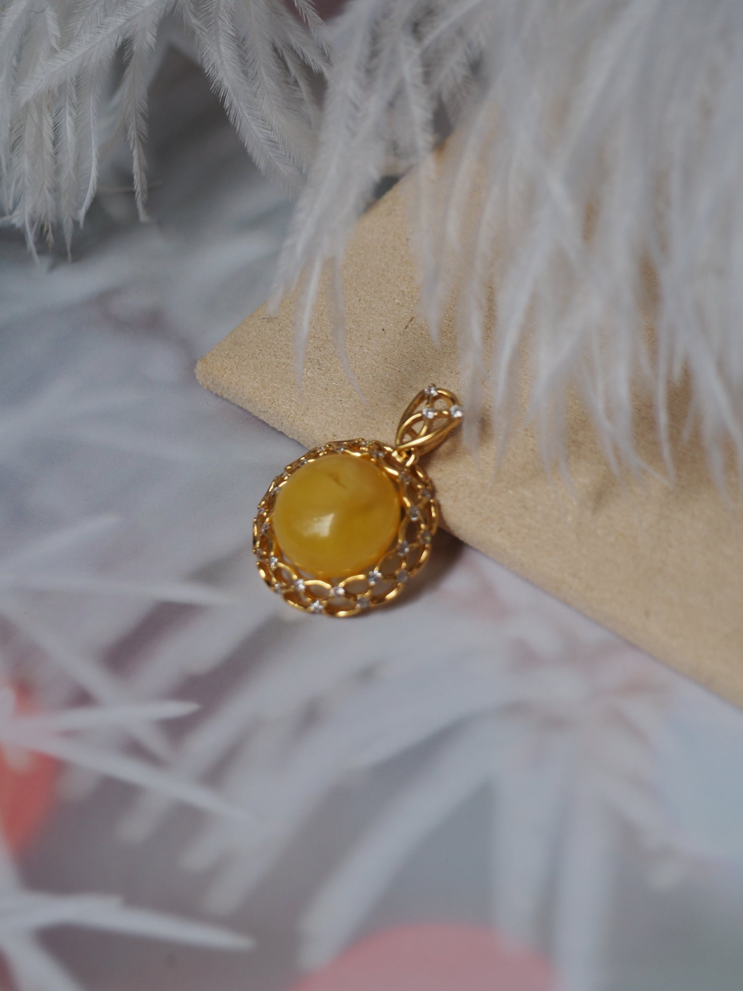 Delicate Mesh Butterscotch Amber Pendant with Rhinestones