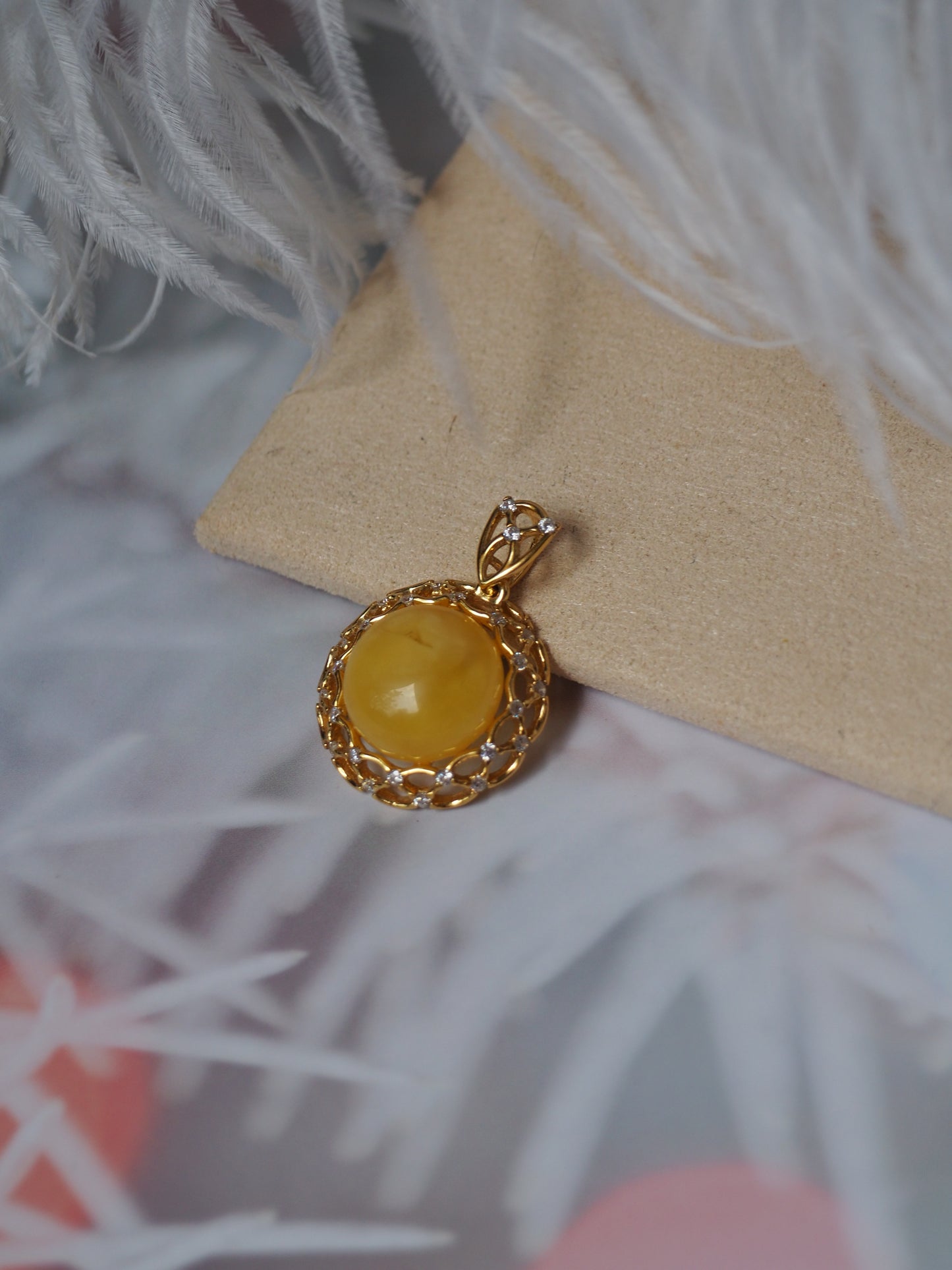 Delicate Mesh Butterscotch Amber Pendant with Rhinestones