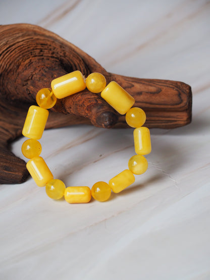 Natural Butterscotch Amber Cylinder and Round Beaded Bracelet