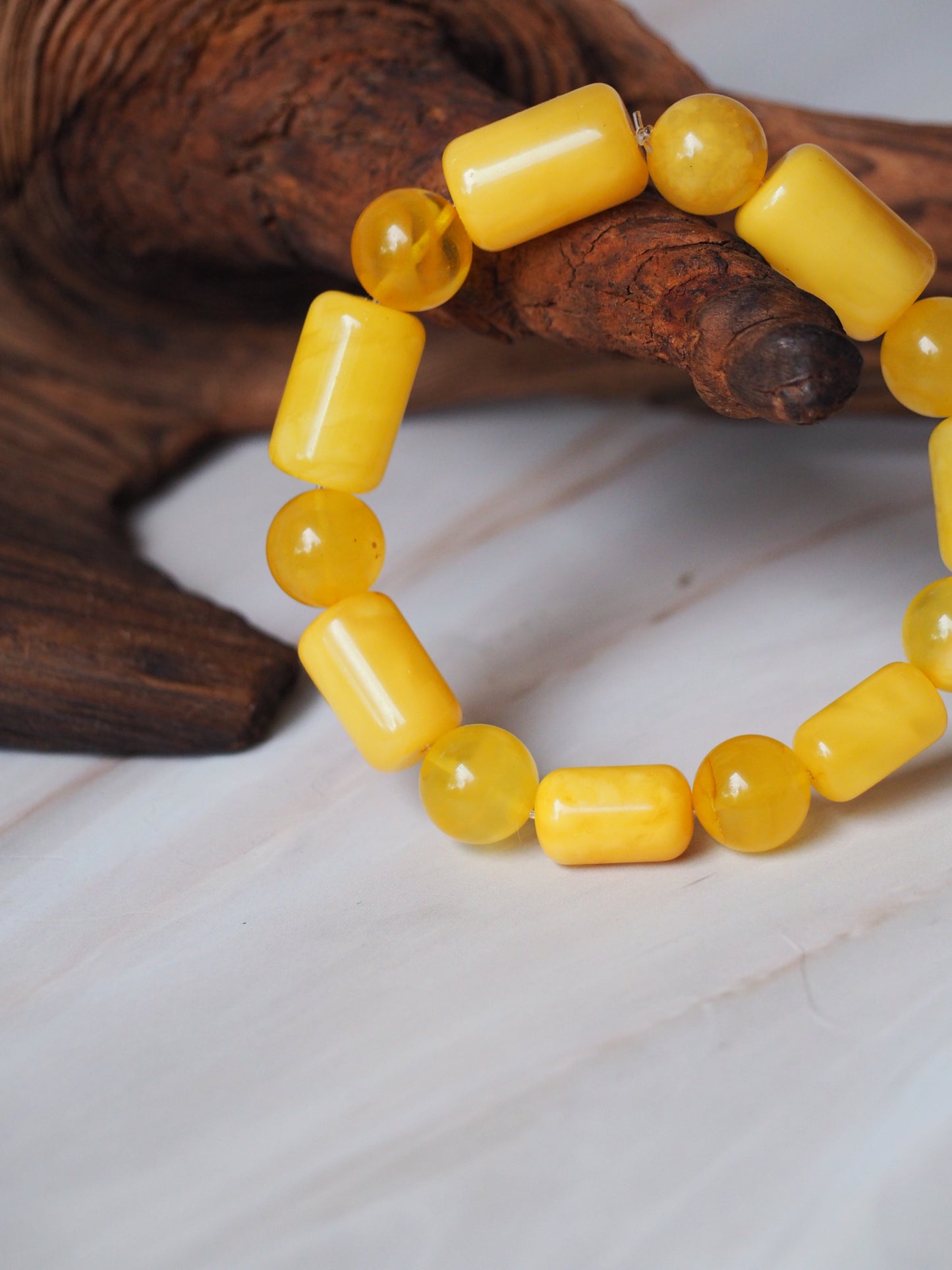 Natural Butterscotch Amber Cylinder and Round Beaded Bracelet