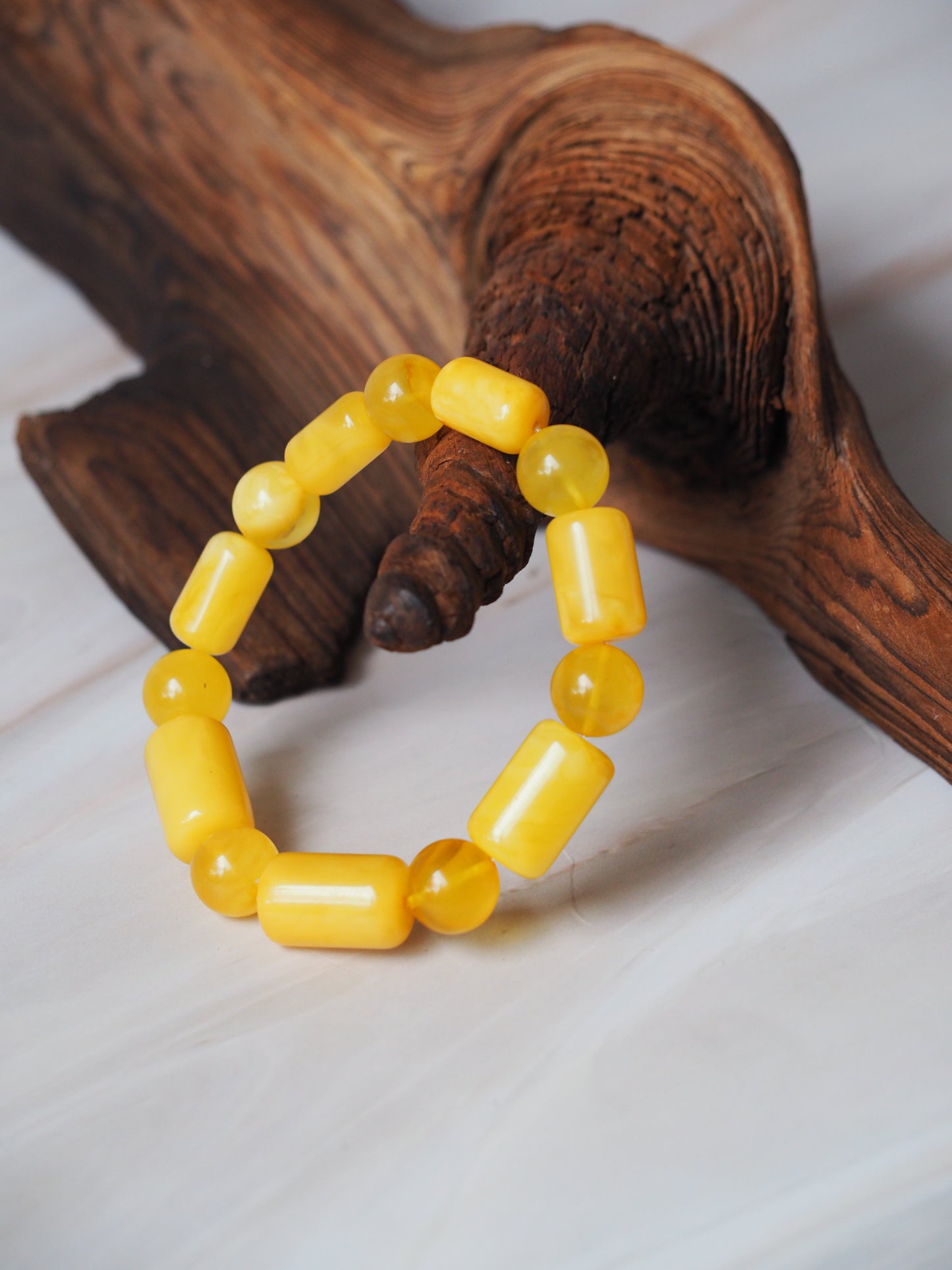 Natural Butterscotch Amber Cylinder and Round Beaded Bracelet