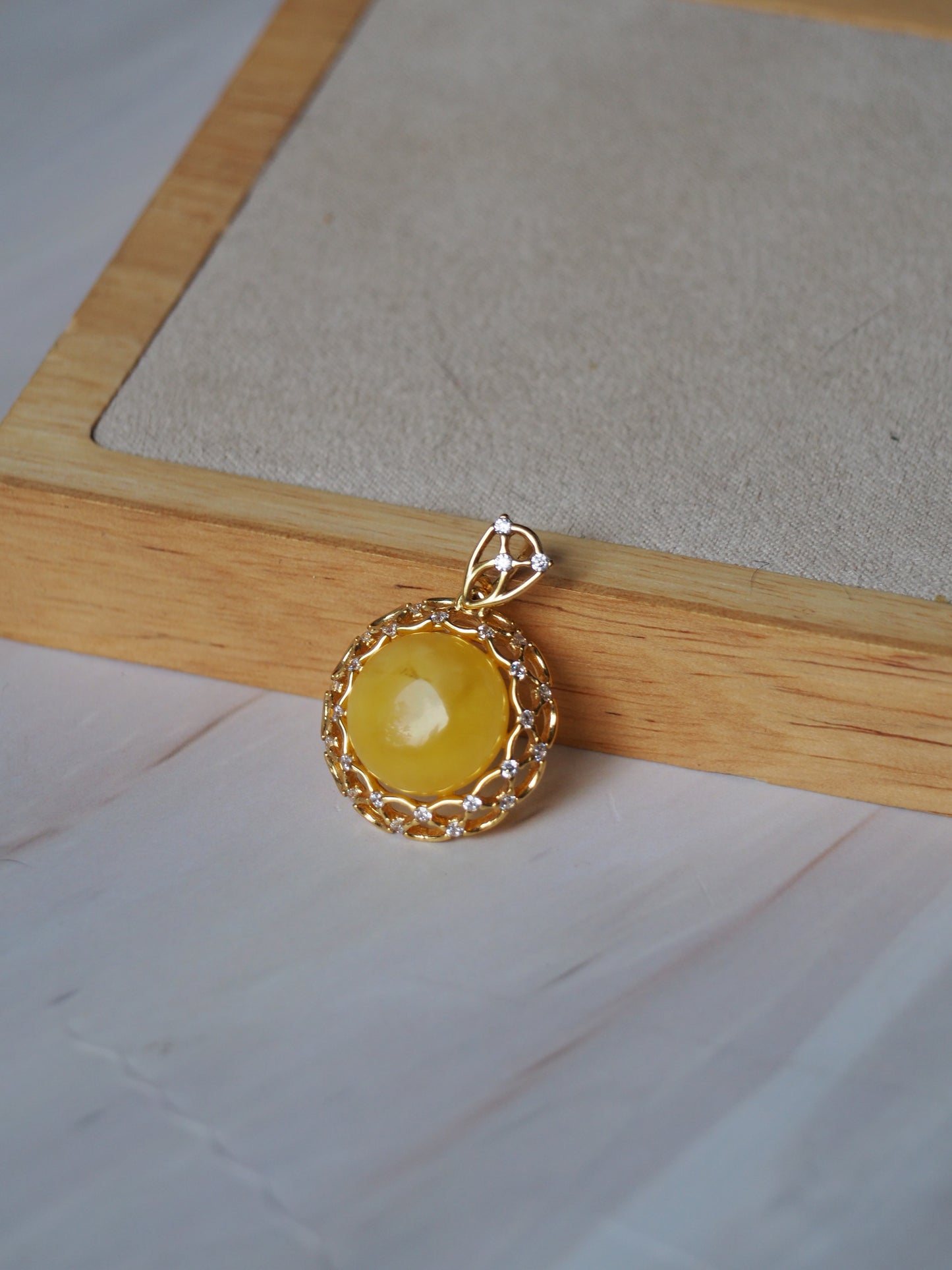 Delicate Mesh Butterscotch Amber Pendant with Rhinestones