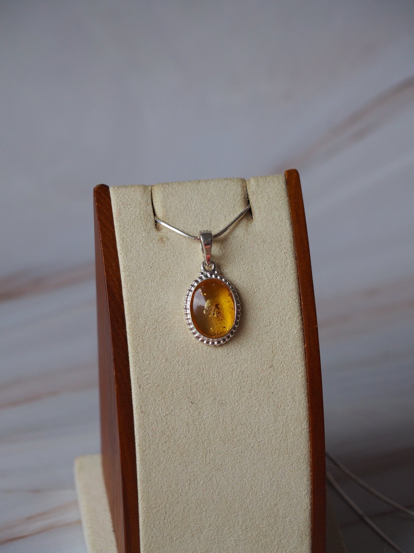 Citron Amber Pendant with Insect (Mosquito) Inclusion in Silver