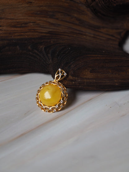 Delicate Mesh Butterscotch Amber Pendant with Rhinestones