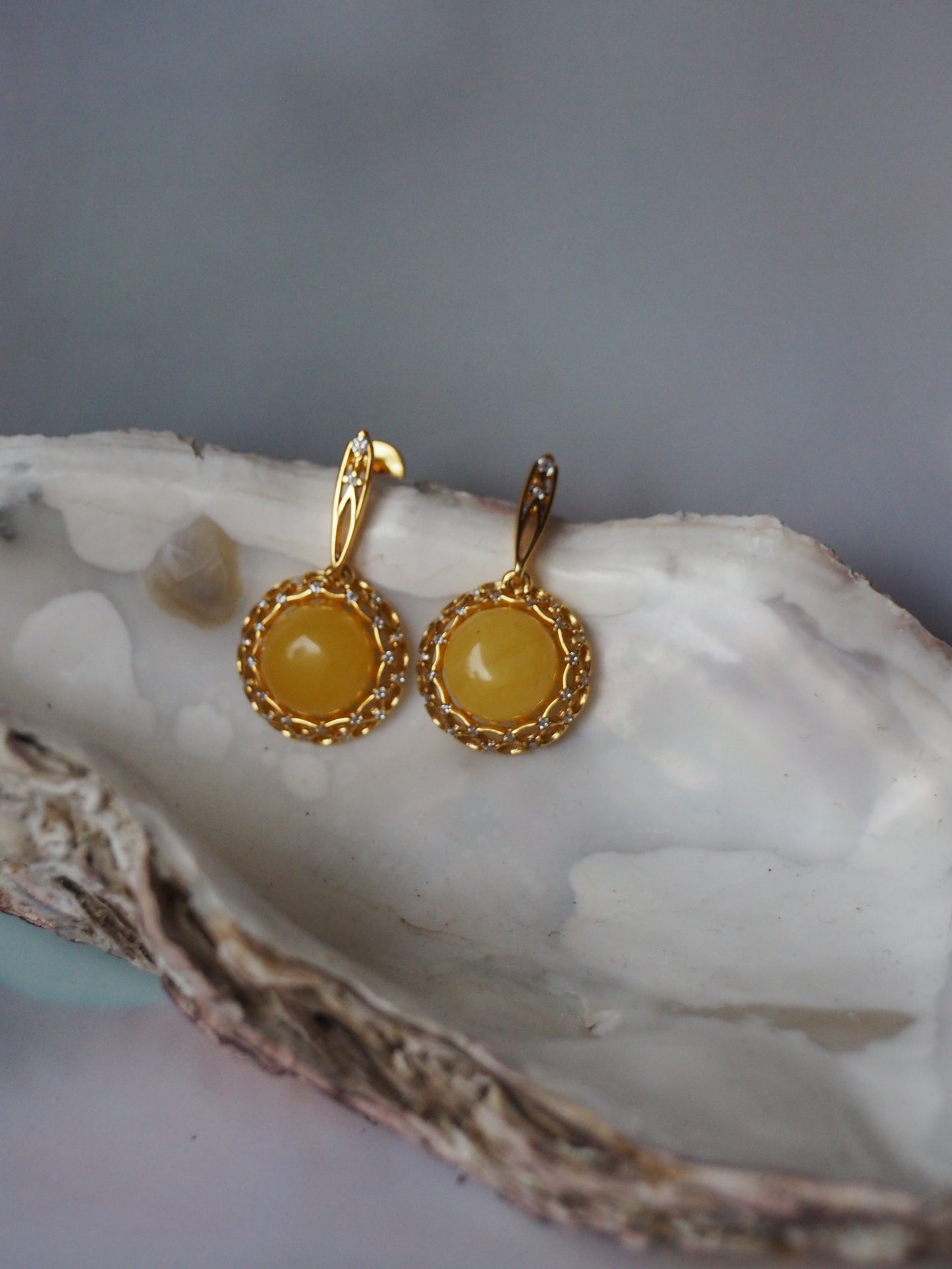 Delicate Mesh Butterscotch Amber Earrings with Rhinestones