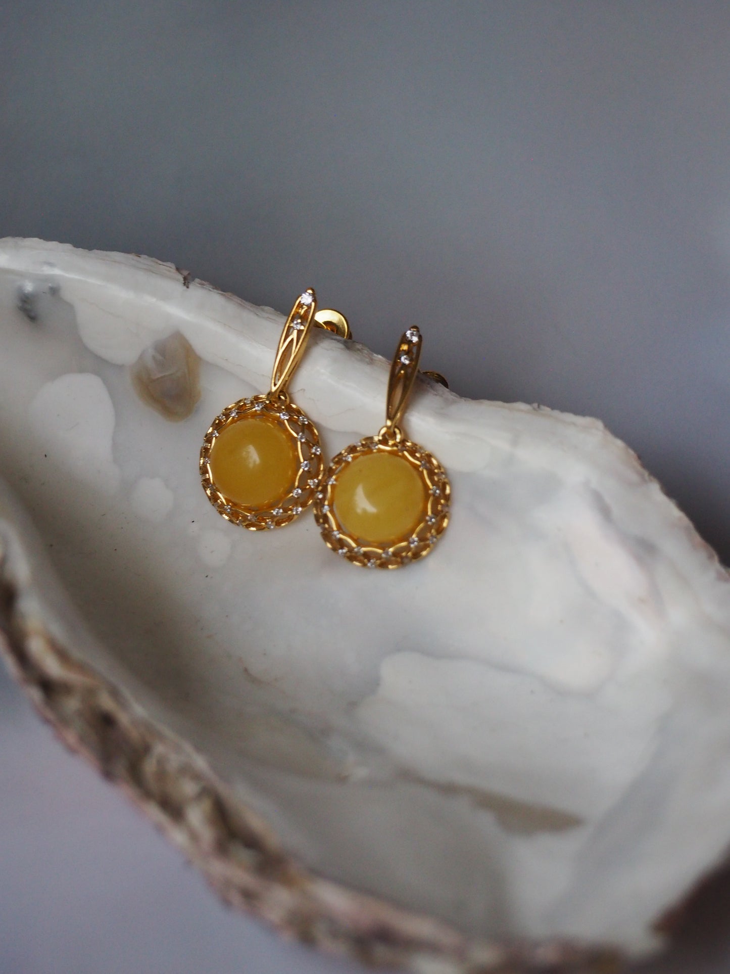 Delicate Mesh Butterscotch Amber Earrings with Rhinestones