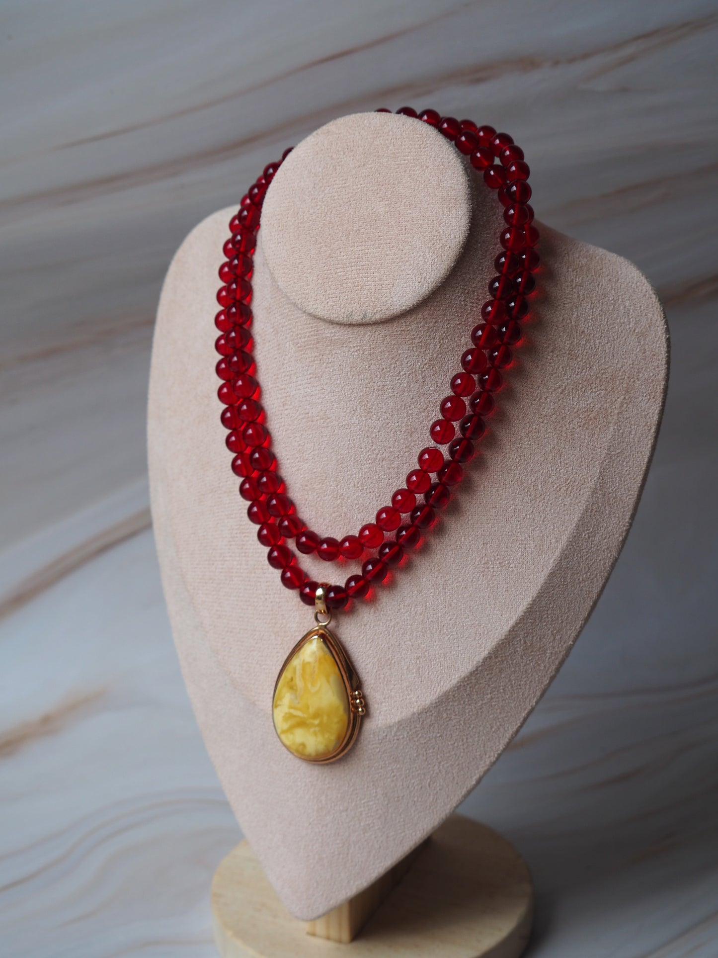 Red Amber Beaded Necklace with Butterscotch Pendant