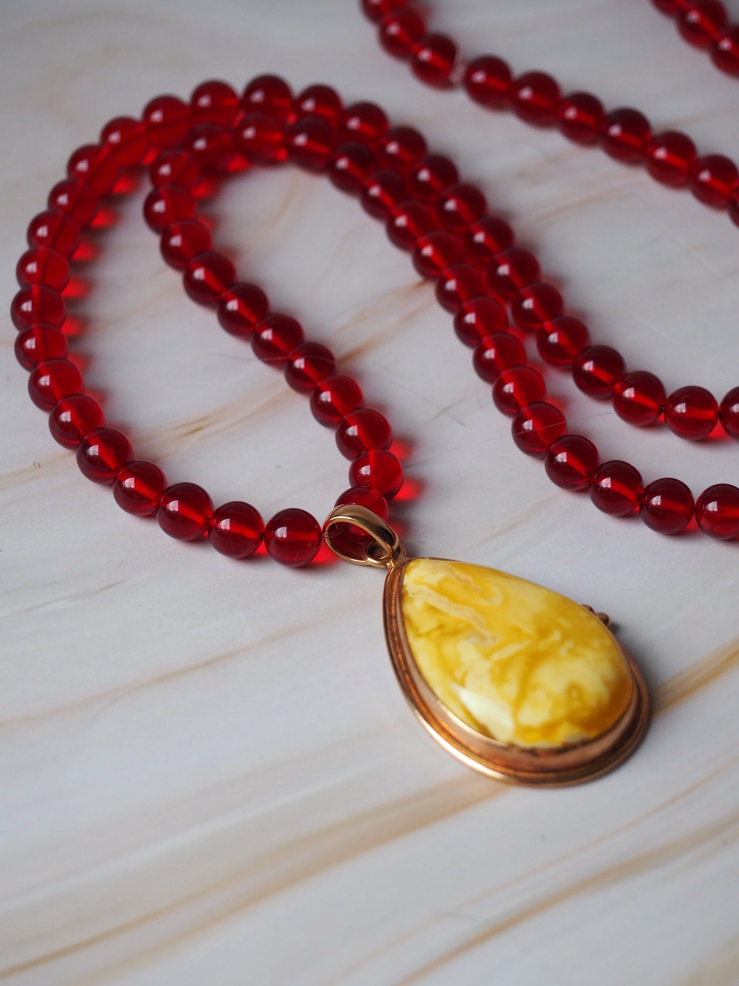 Red Amber Beaded Necklace with Butterscotch Pendant