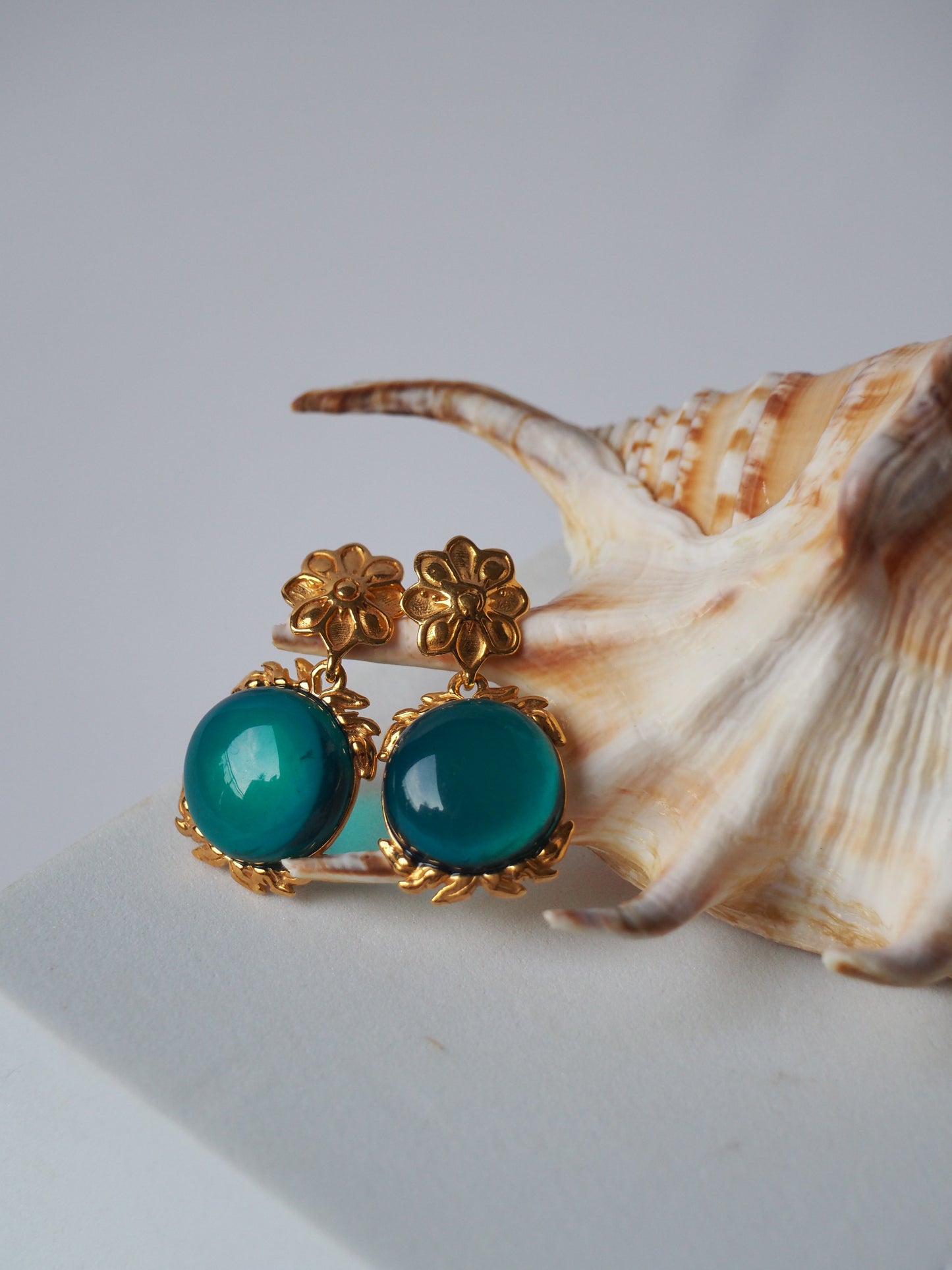 Light Blue/ Turquoise Big Amber Earrings Embroidered Gold Pleated