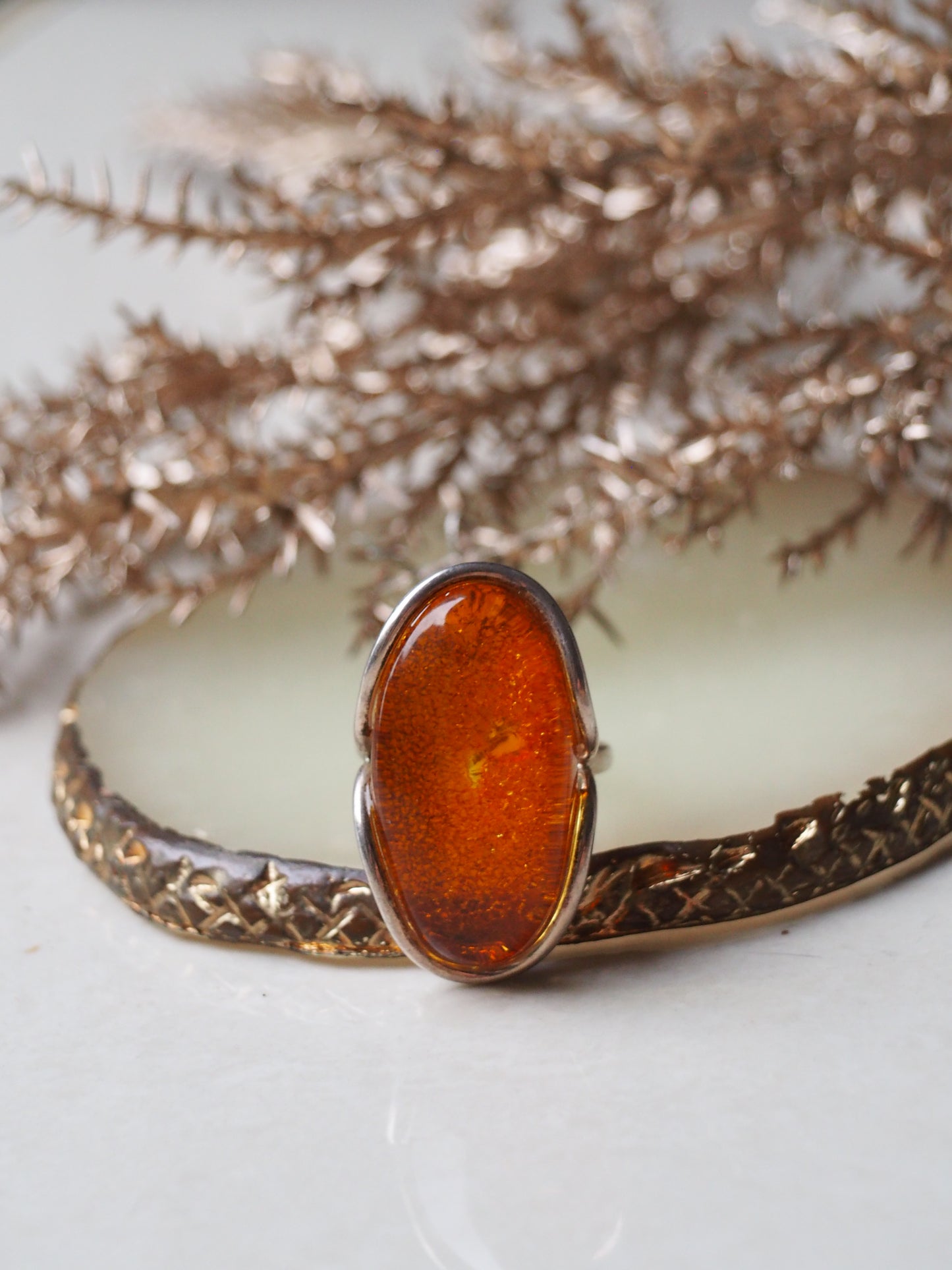 Unique Big Natural Cognac Amber Ring with Tree Bark