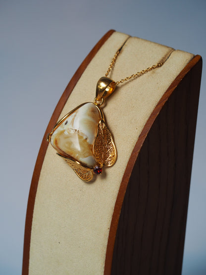 Natural Royal White Amber Pendant in Gold Plated Silver with Garnet