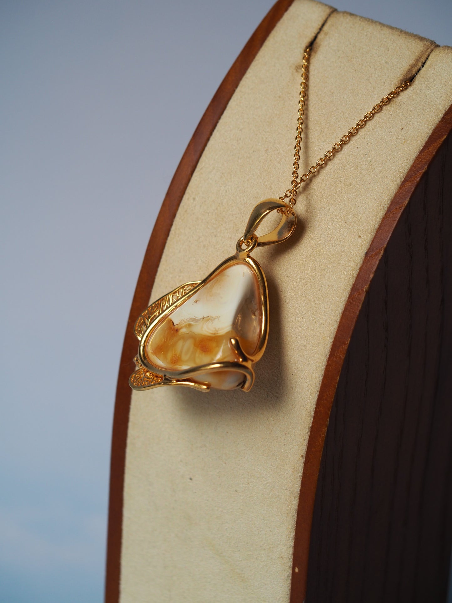 Natural Royal White Amber Pendant in Gold Plated Silver with Garnet