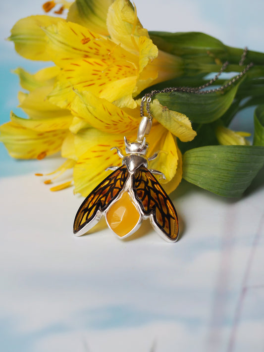 Bee Shaped Amber Pendant With Silver Frame