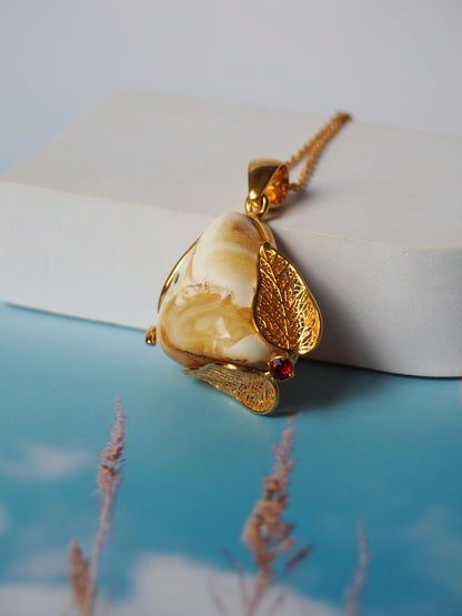 Natural Royal White Amber Pendant in Gold Plated Silver with Garnet