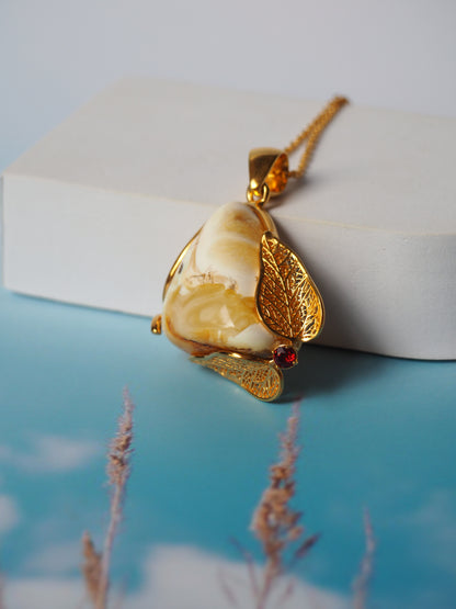 Natural Royal White Amber Pendant in Gold Plated Silver with Garnet