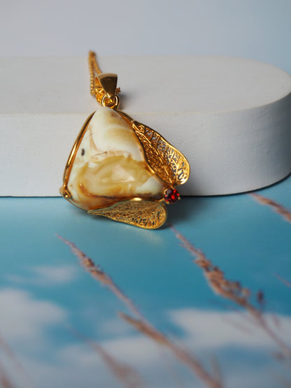 Natural Royal White Amber Pendant in Gold Plated Silver with Garnet