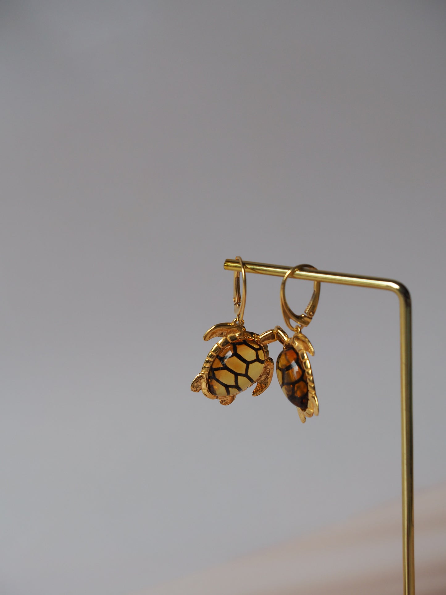 Turtle Shaped Citron Amber Earrings in Gold Plated Silver