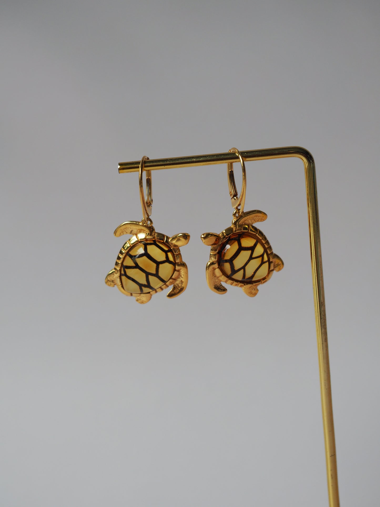 Turtle Shaped Citron Amber Earrings in Gold Plated Silver