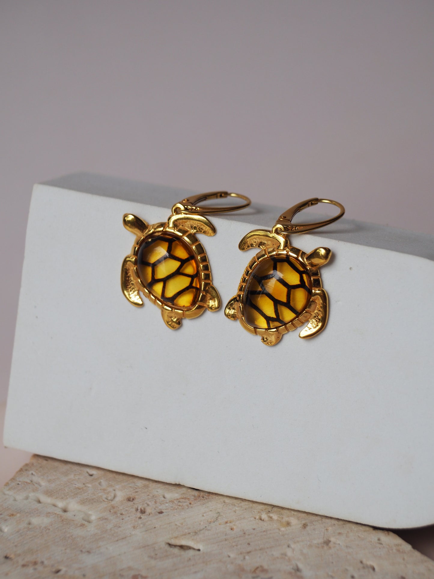 Turtle Shaped Citron Amber Earrings in Gold Plated Silver