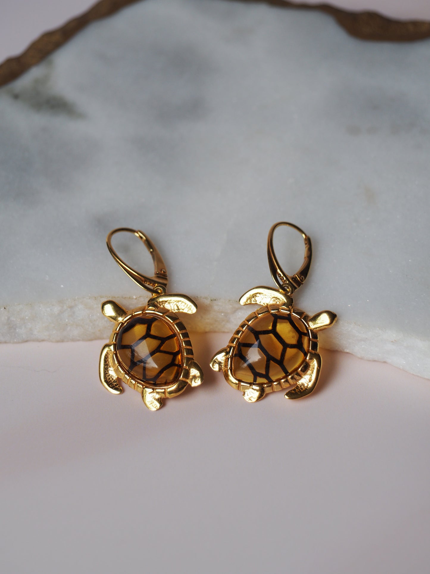 Turtle Shaped Citron Amber Earrings in Gold Plated Silver