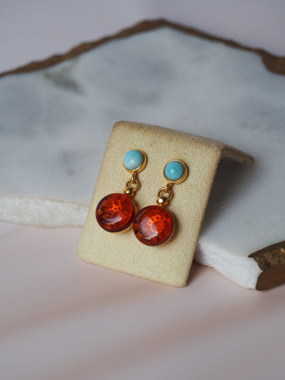 Natural Cognac Round Dangling Stud Earrings in Gold Plated Silver with Larimar