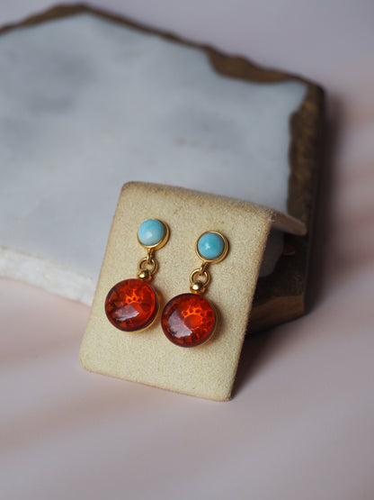 Natural Cognac Round Dangling Stud Earrings in Gold Plated Silver with Larimar