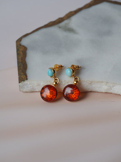 Natural Cognac Round Dangling Stud Earrings in Gold Plated Silver with Larimar