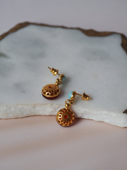 Natural Cognac Round Dangling Stud Earrings in Gold Plated Silver with Larimar