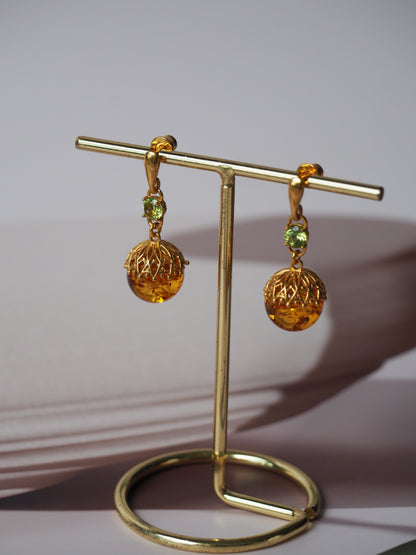 Round Cognac Stud Dangling Earrings in Gold Plated Silver and Peridote