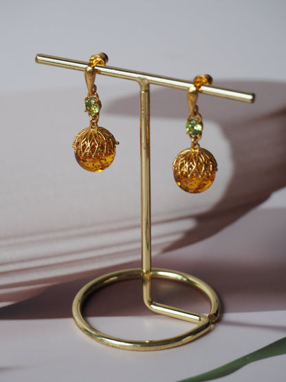 Round Cognac Stud Dangling Earrings in Gold Plated Silver and Peridote