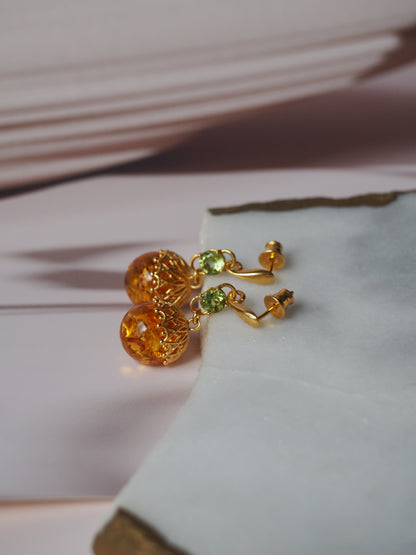 Round Cognac Stud Dangling Earrings in Gold Plated Silver and Peridote