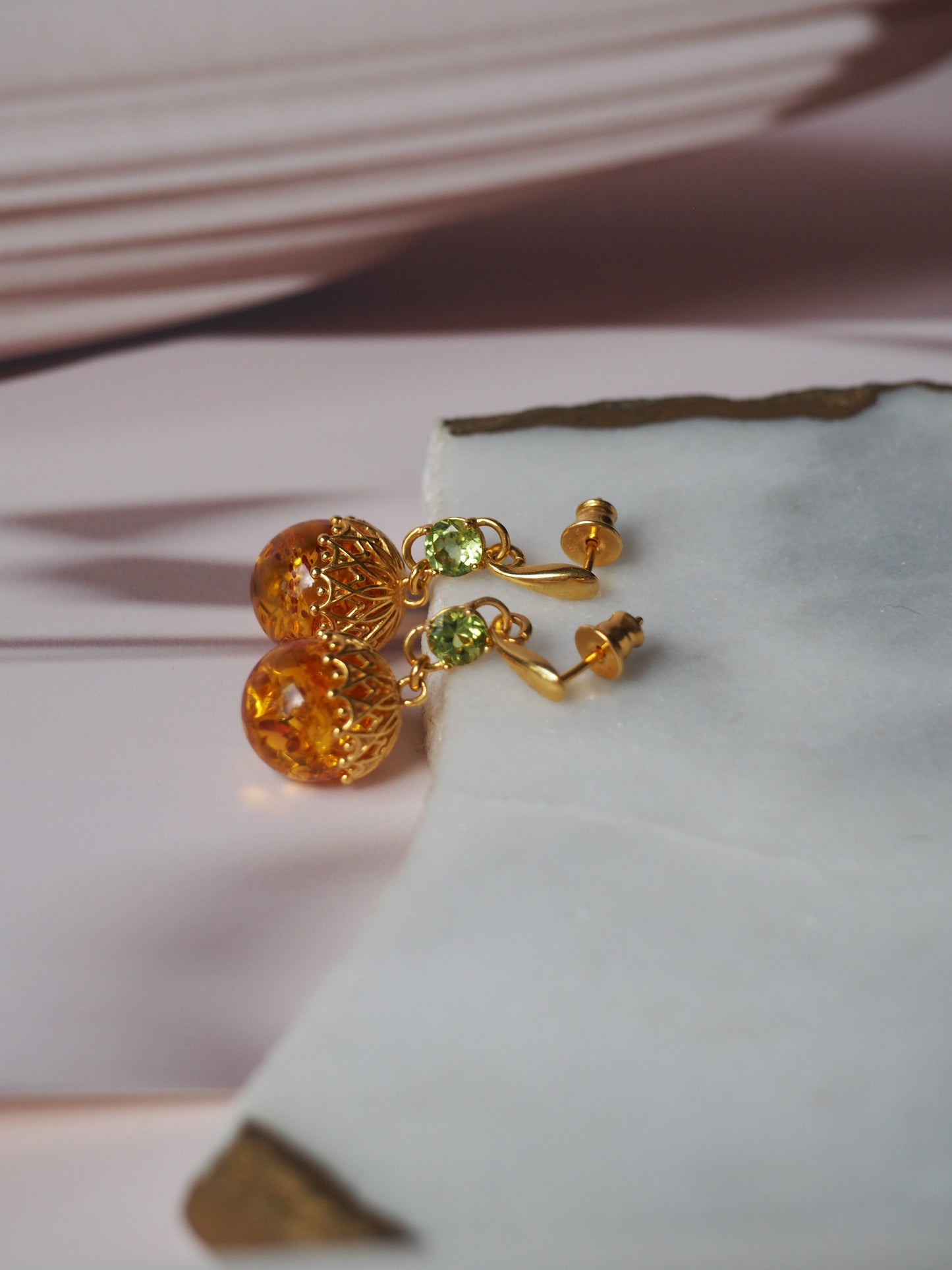 Round Cognac Stud Dangling Earrings in Gold Plated Silver and Peridote