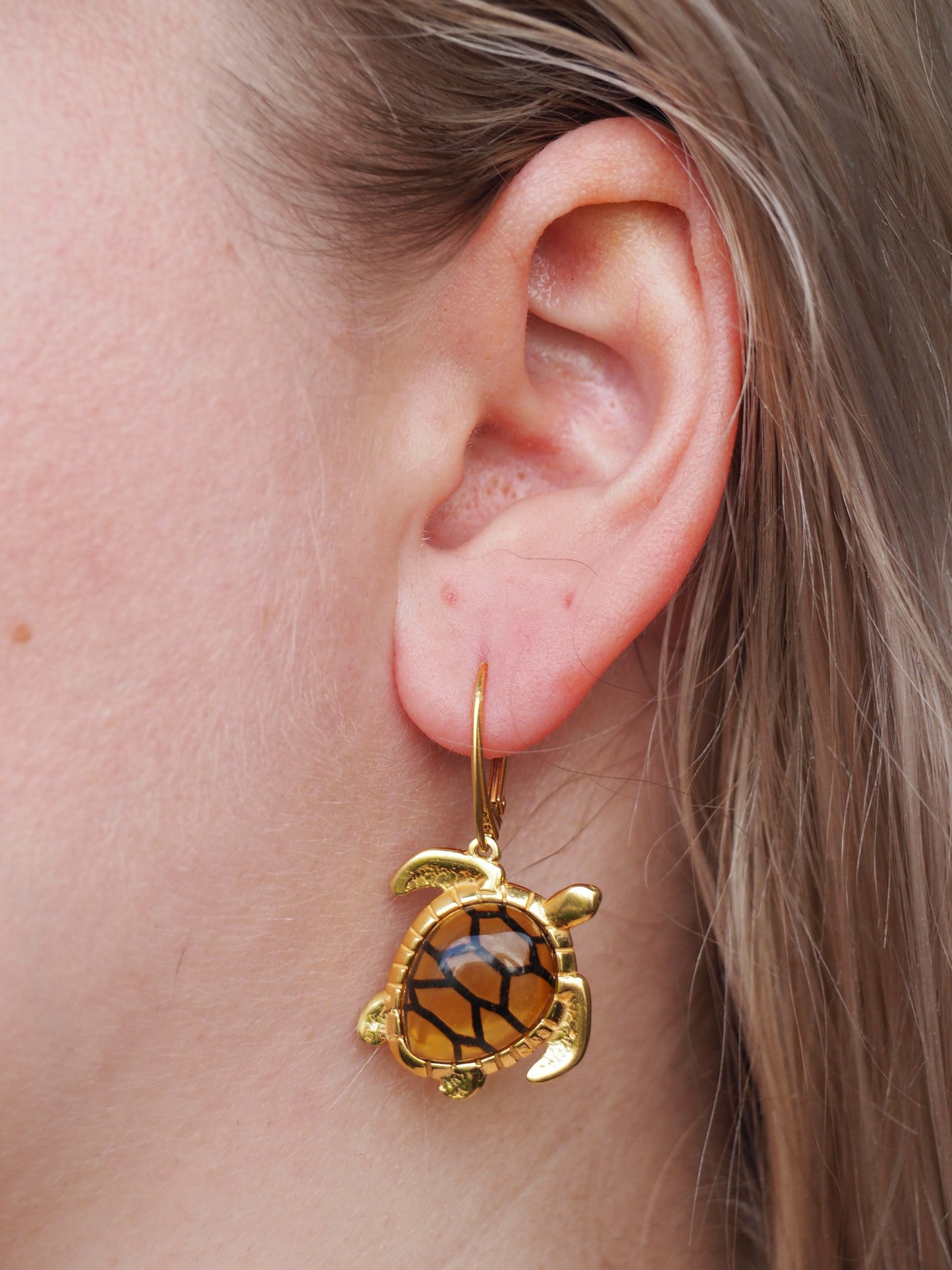 Turtle Shaped Citron Amber Earrings in Gold Plated Silver