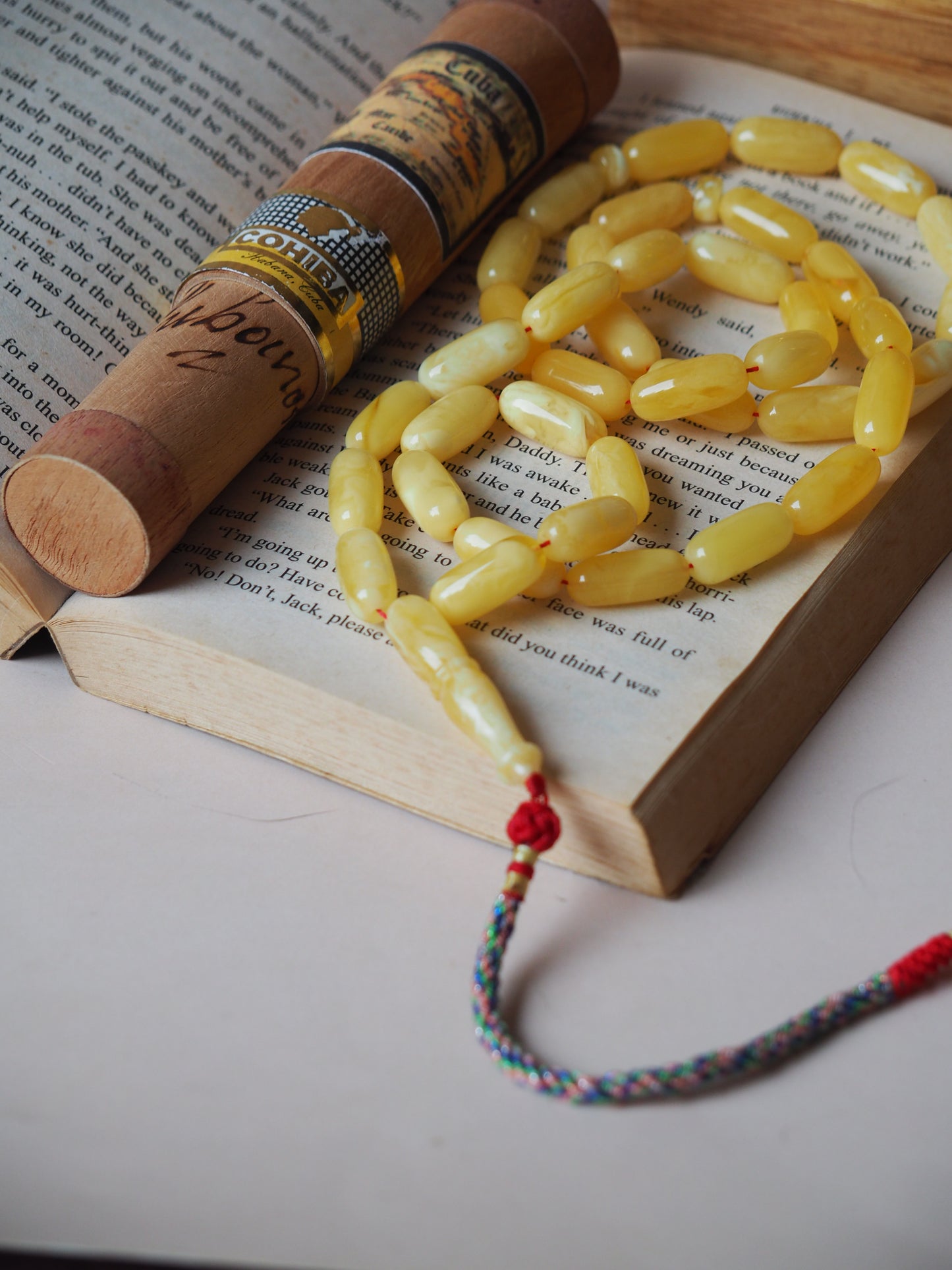 Unique Natural Butterscotch/ Milk Amber Rosary in Eclipse Shape + Certificate