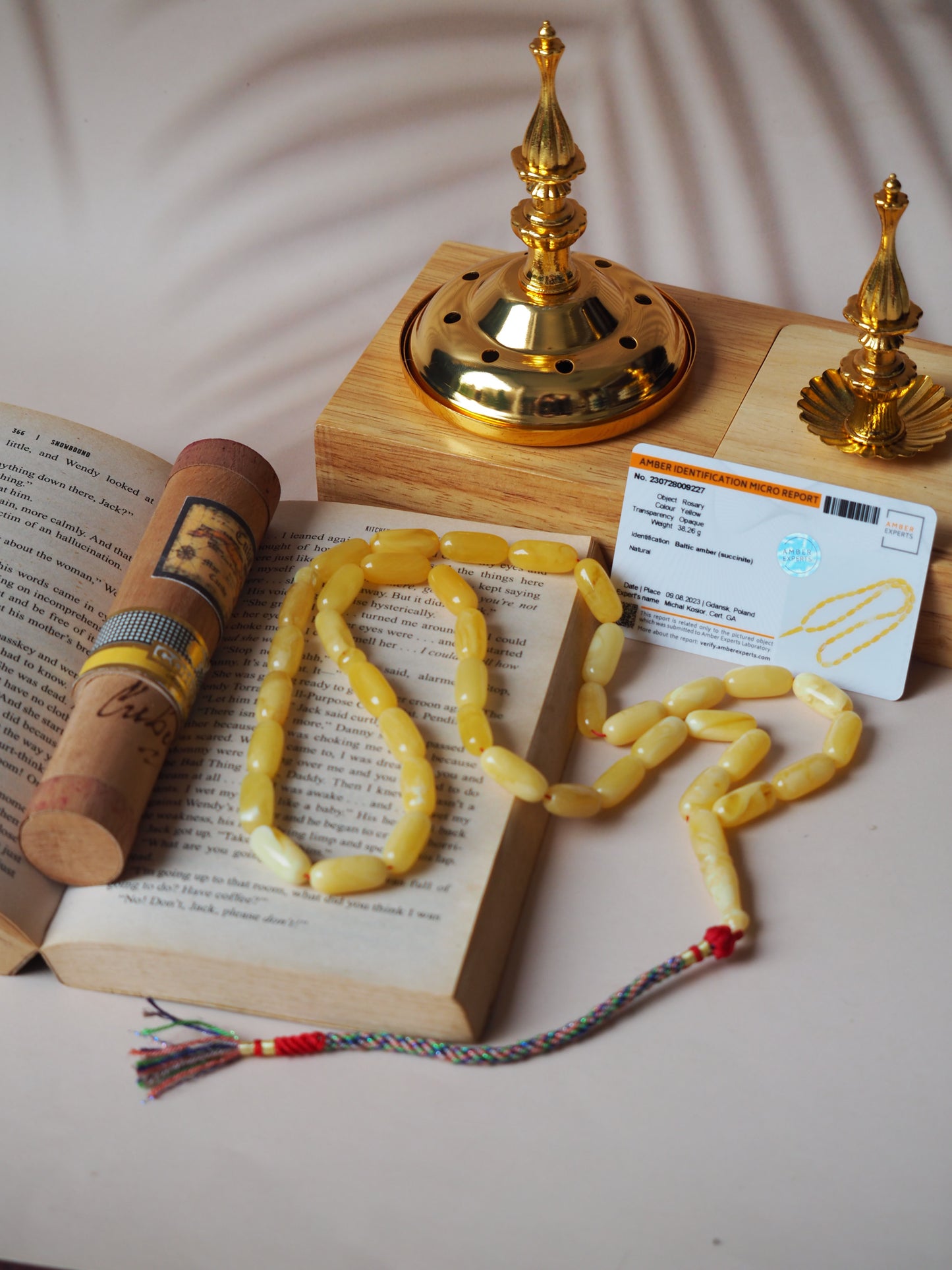 Unique Natural Butterscotch/ Milk Amber Rosary in Eclipse Shape + Certificate