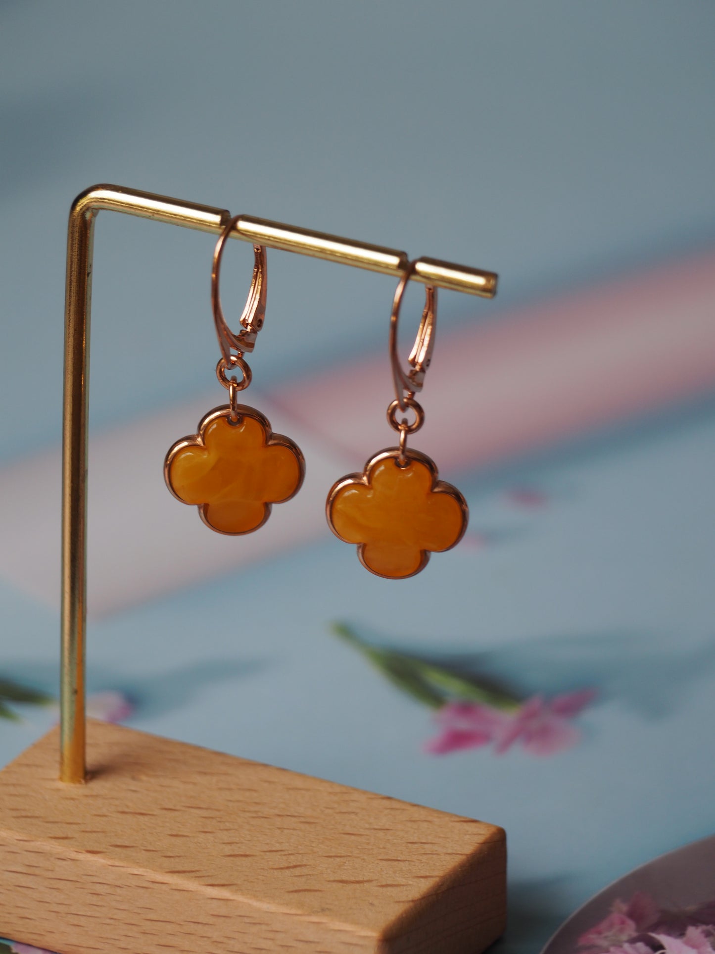 Clover Shape Butterscotch/Honey Amber Dangling Earrings in Rose Gold Plated Silver