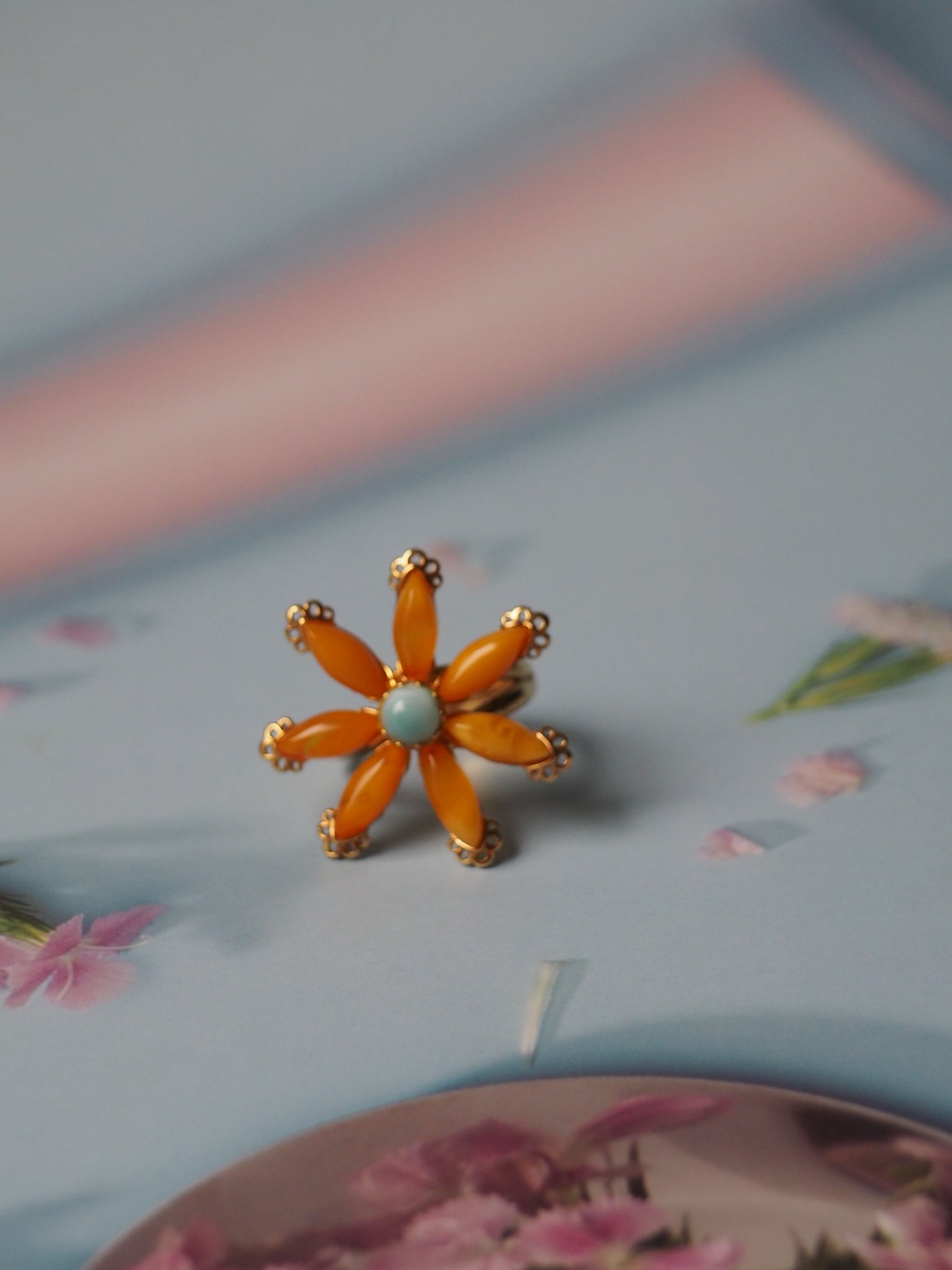 Honey Amber Flower Shape Ring with Larimar