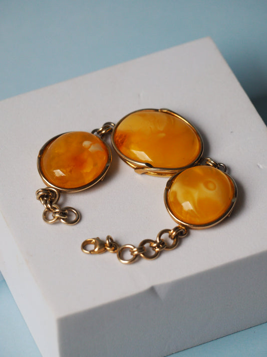 Big Natural Butterscotch/ Honey Amber  Bracelet with 3 Elements Handmade in Poland