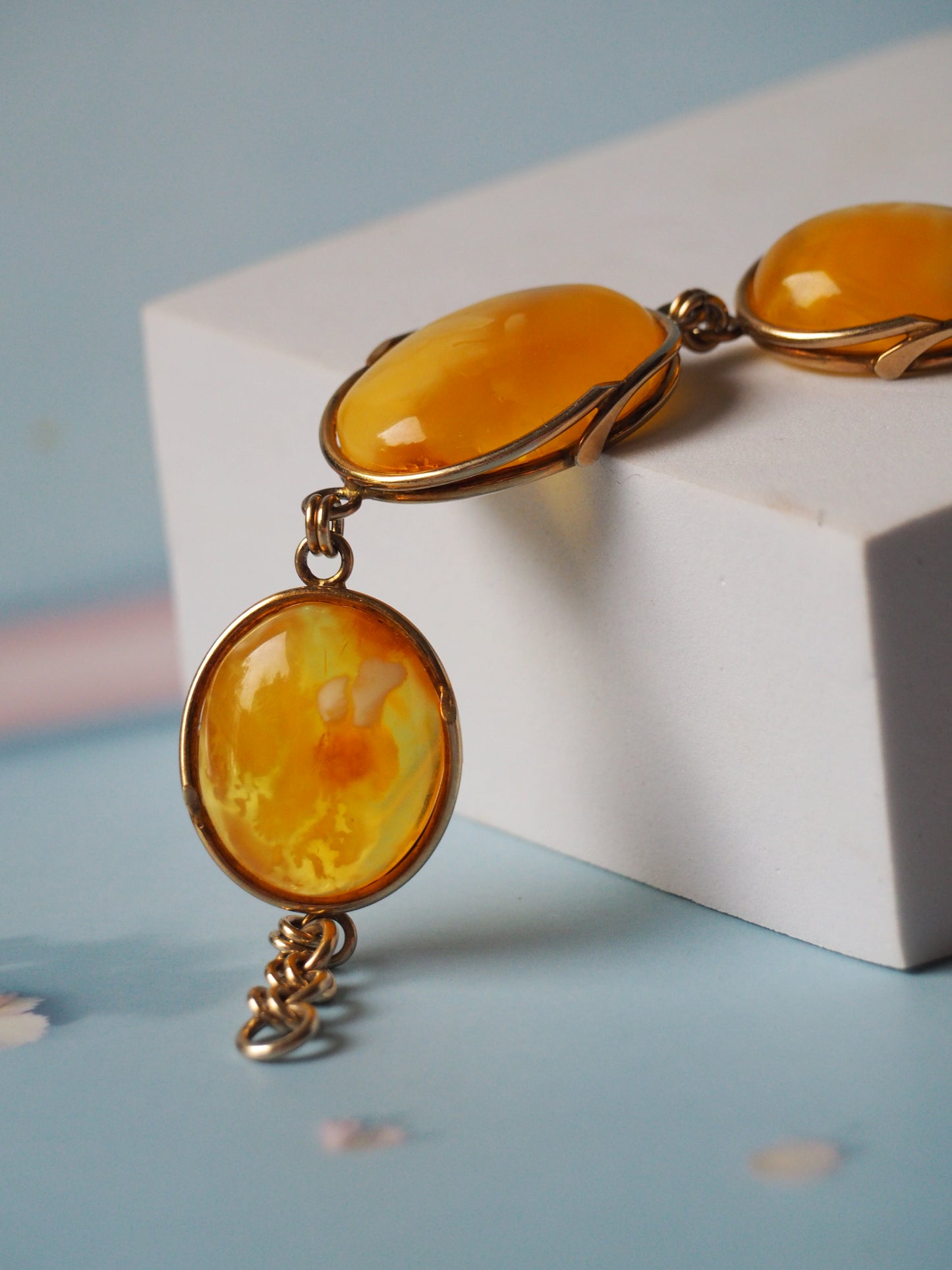 Big Natural Butterscotch/ Honey Amber  Bracelet with 3 Elements Handmade in Poland