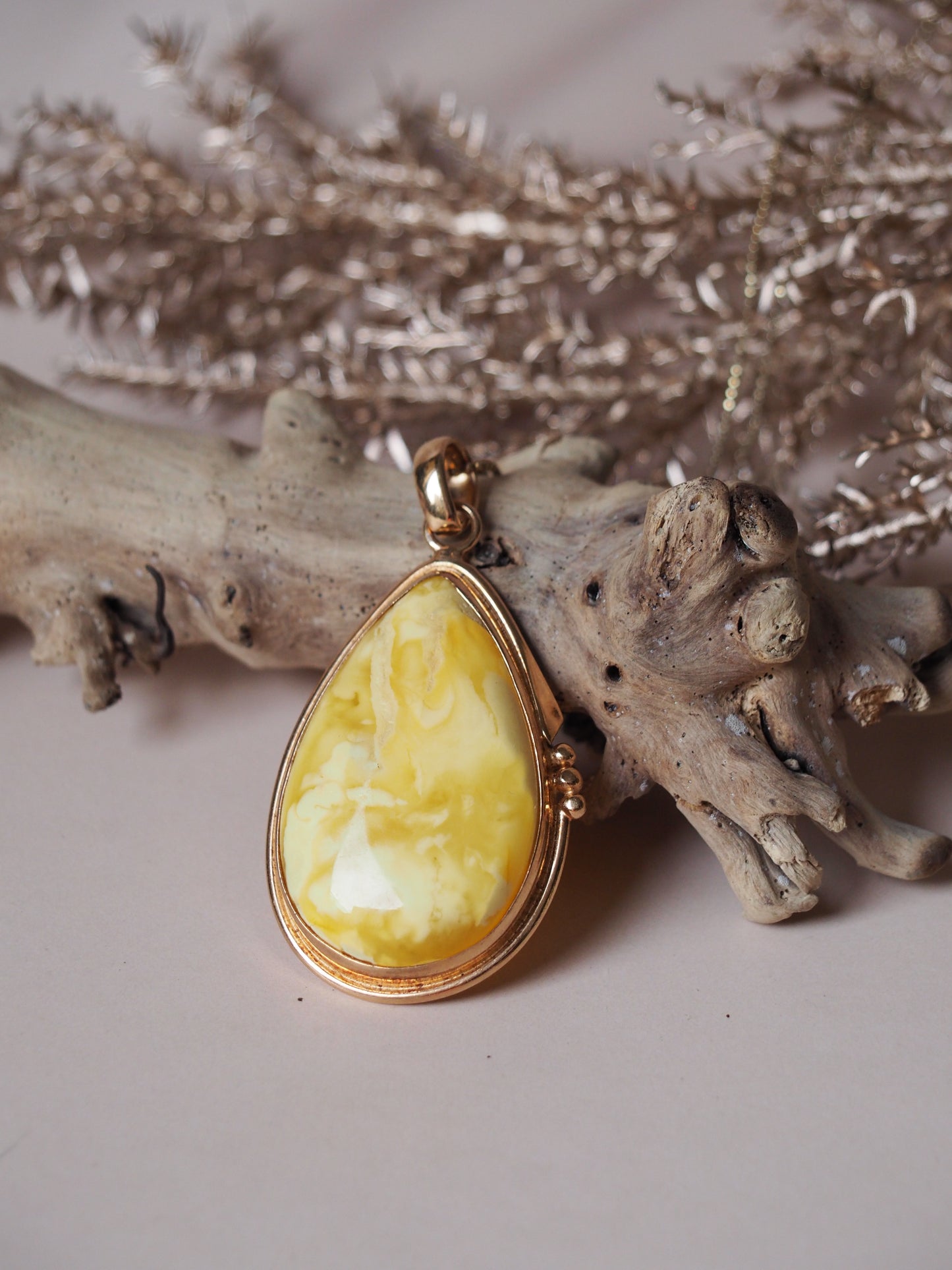 Natural Butterscotch Amber Pendant in Rose Gold Plated Silver