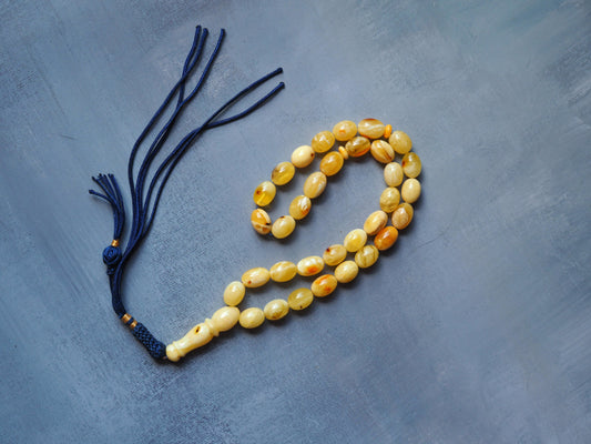 Natural Royal White/ Marble Olive Shape Amber Rosary
