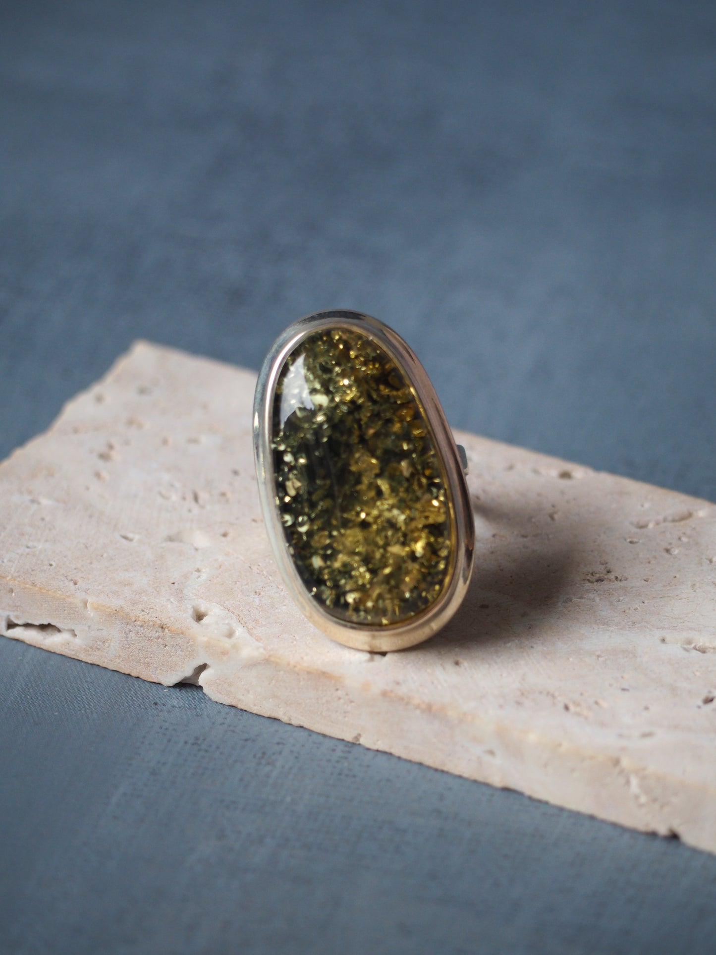 Green Amber Oval Shape Ring In Silver Frame