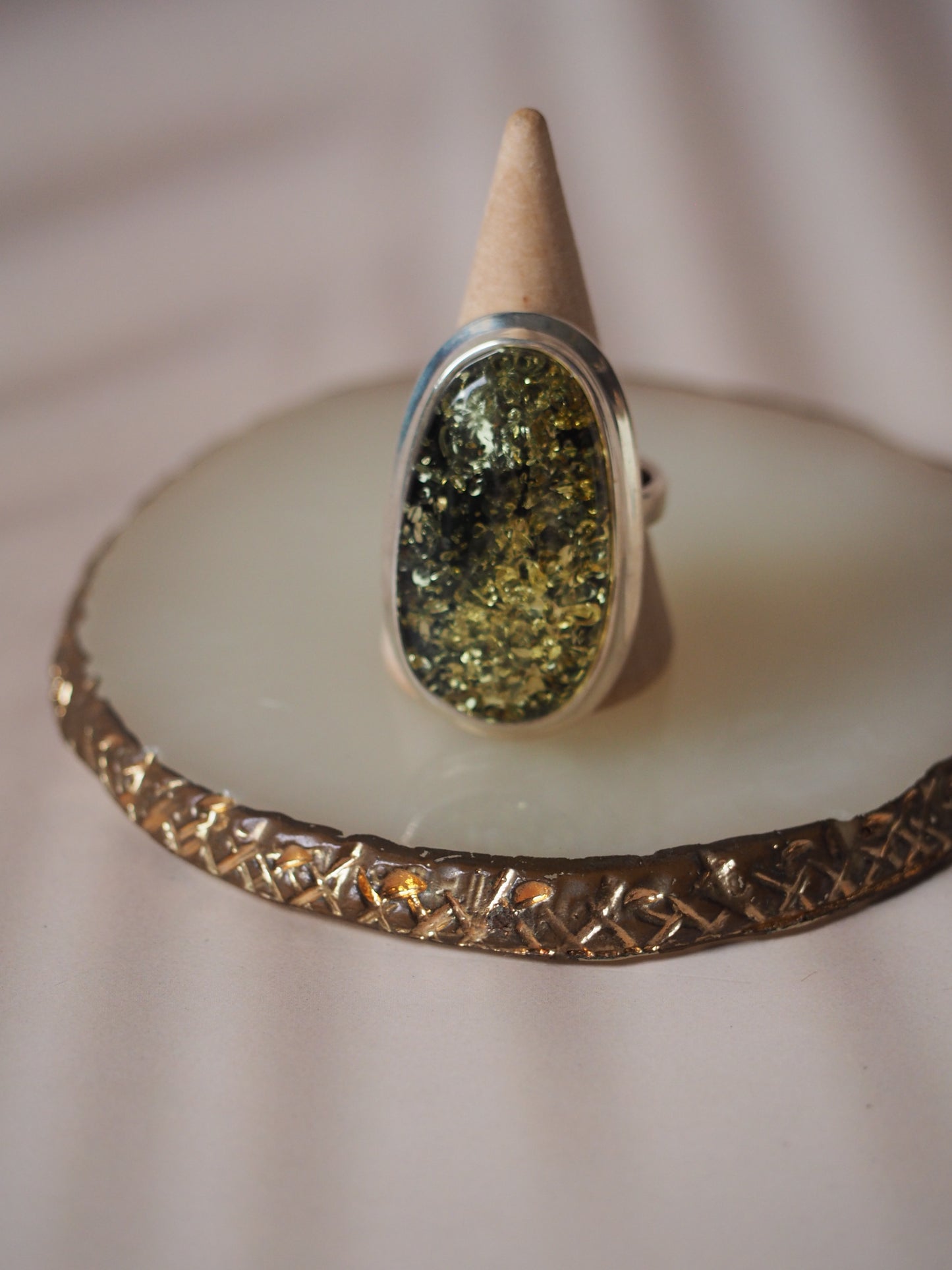 Green Amber Oval Shape Ring In Silver Frame