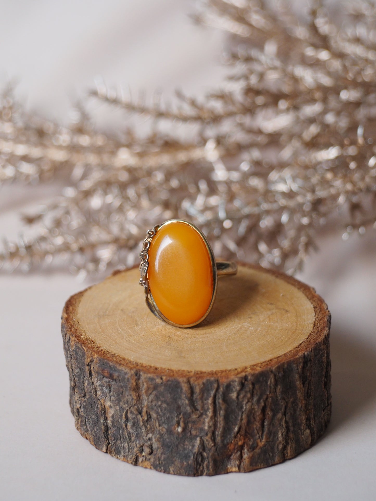 Honey Amber Oval Ring with Embroidery