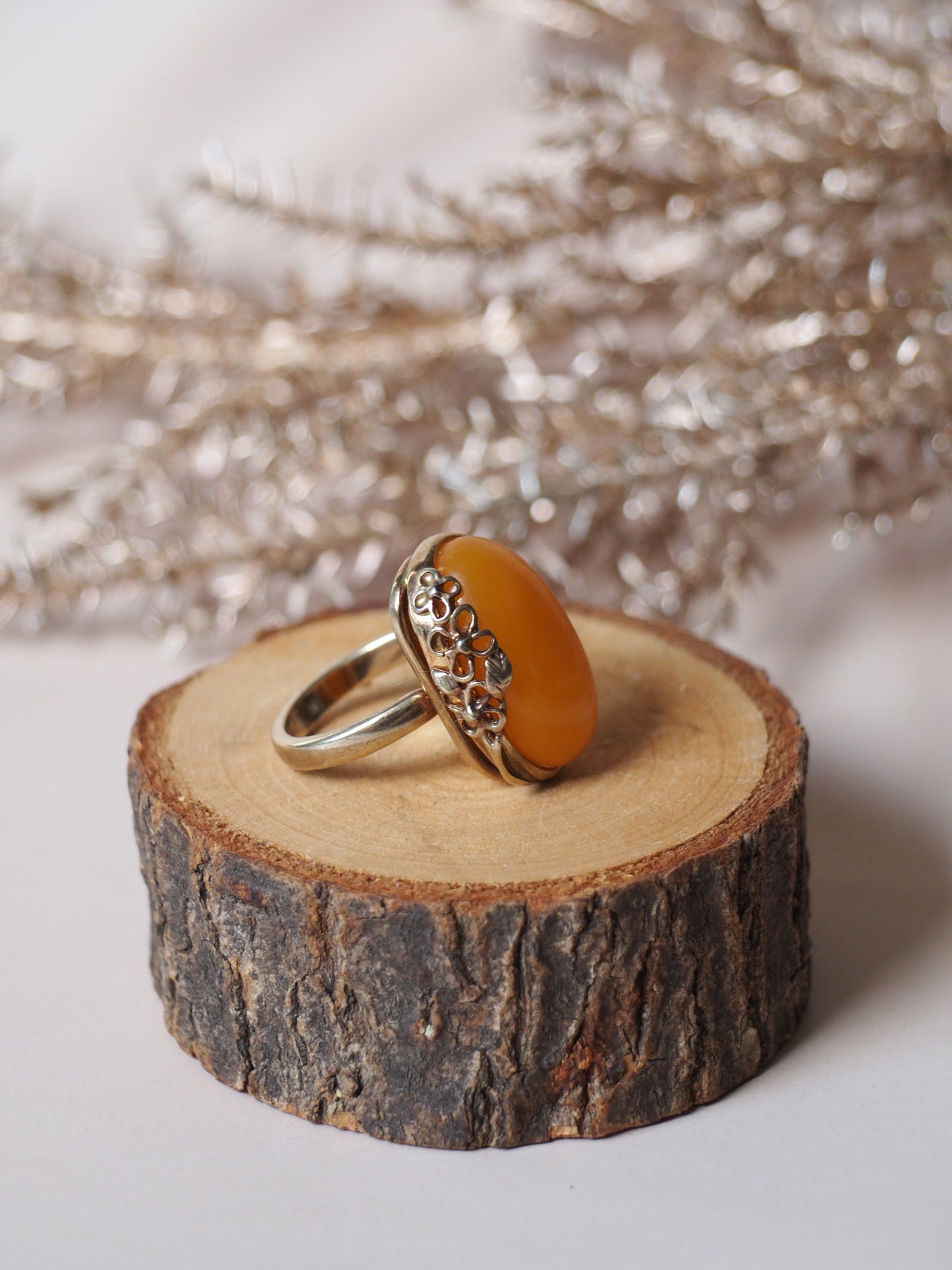 Honey Amber Oval Ring with Embroidery