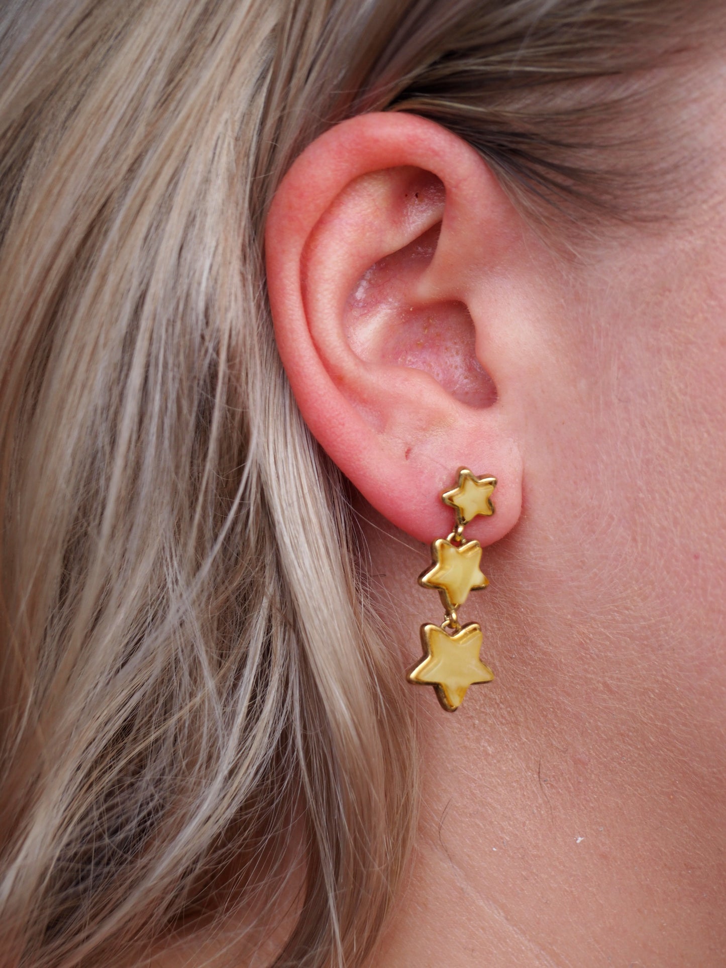 Butterscotch Studded Three Stars Amber Earrings Gold Pleated