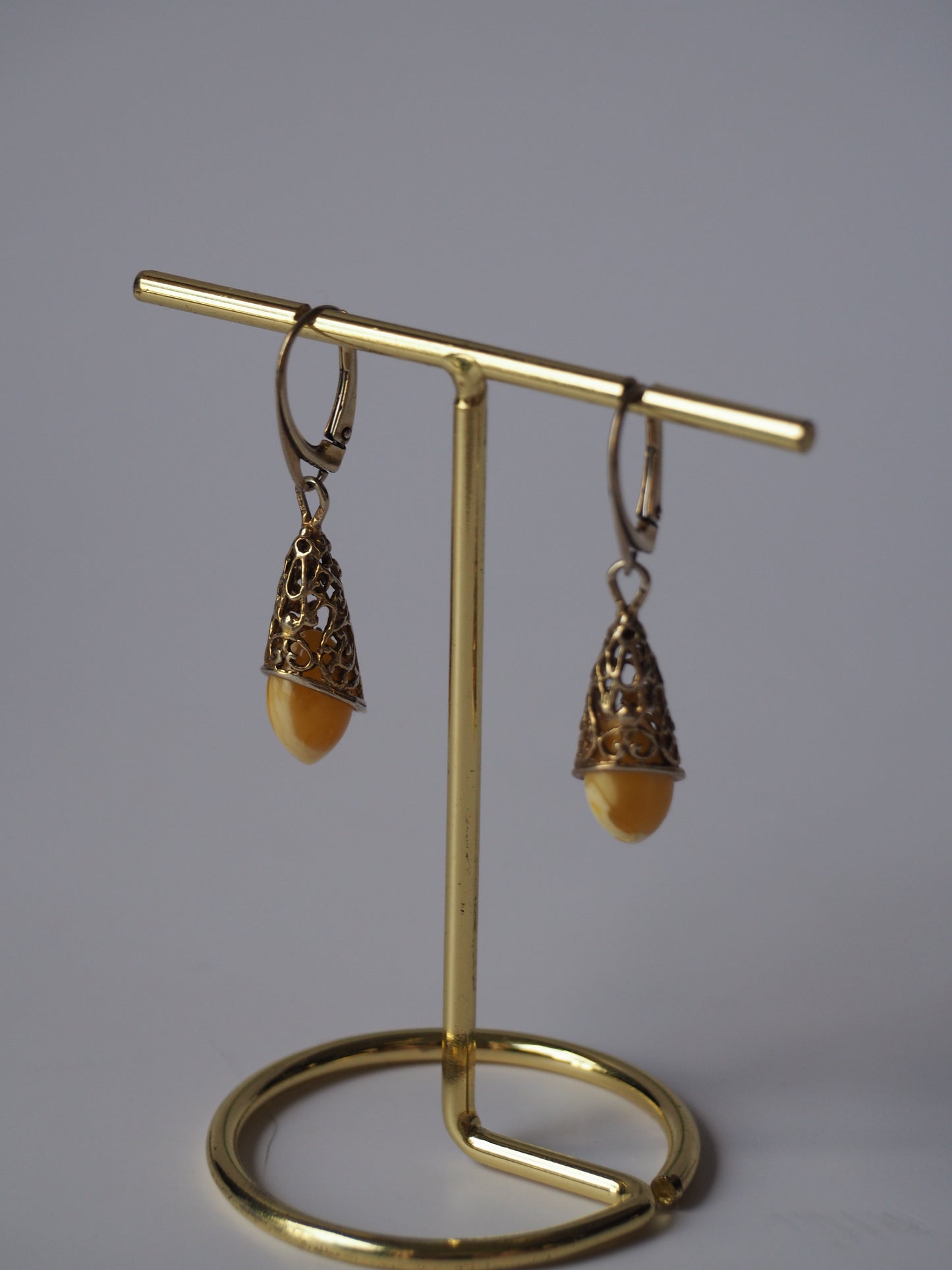 Moroccan Style White/ Butterscotch Amber Drop Mesh Earrings in Gold Plated Silver