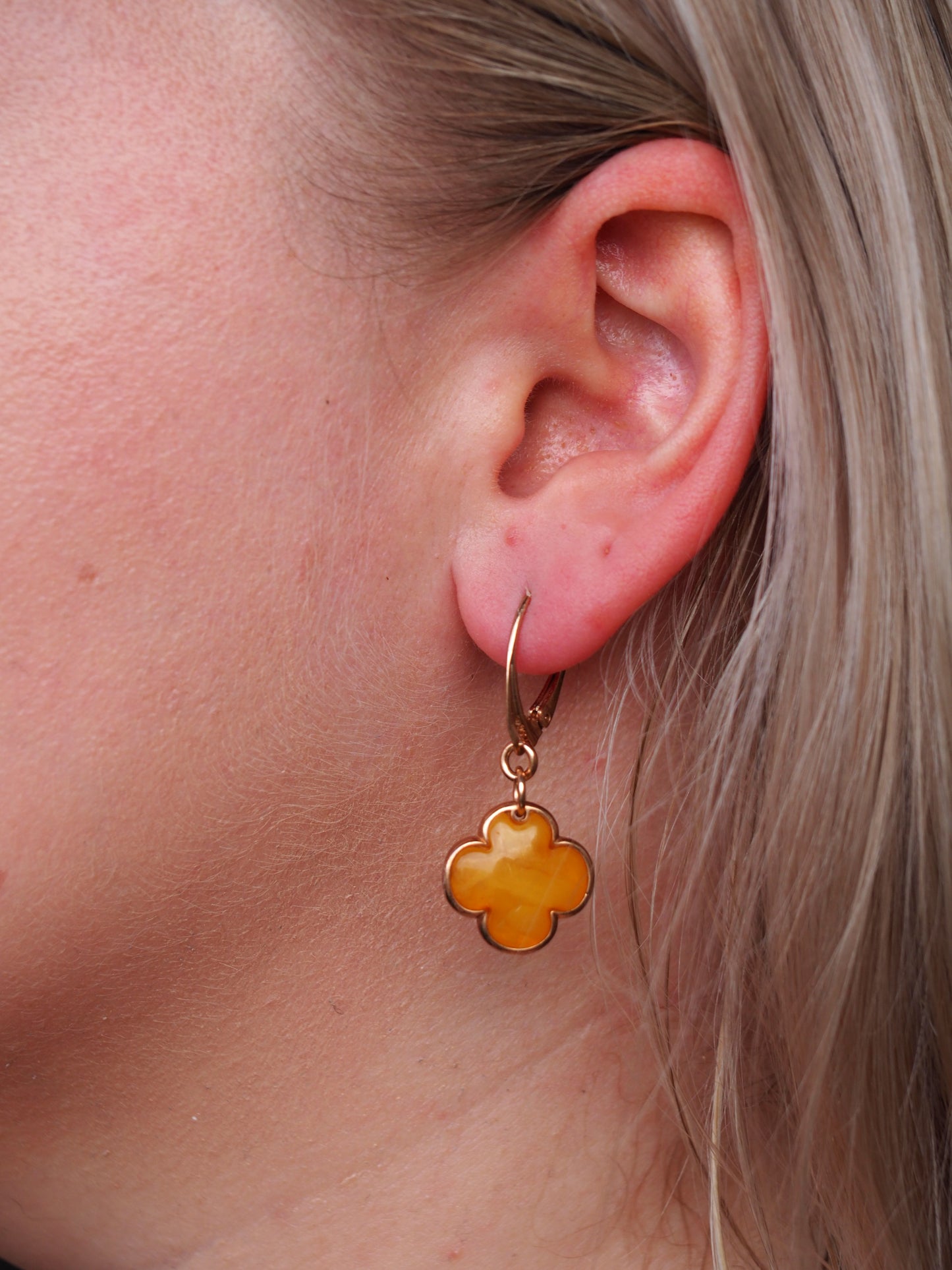 Clover Shape Butterscotch/Honey Amber Dangling Earrings in Rose Gold Plated Silver
